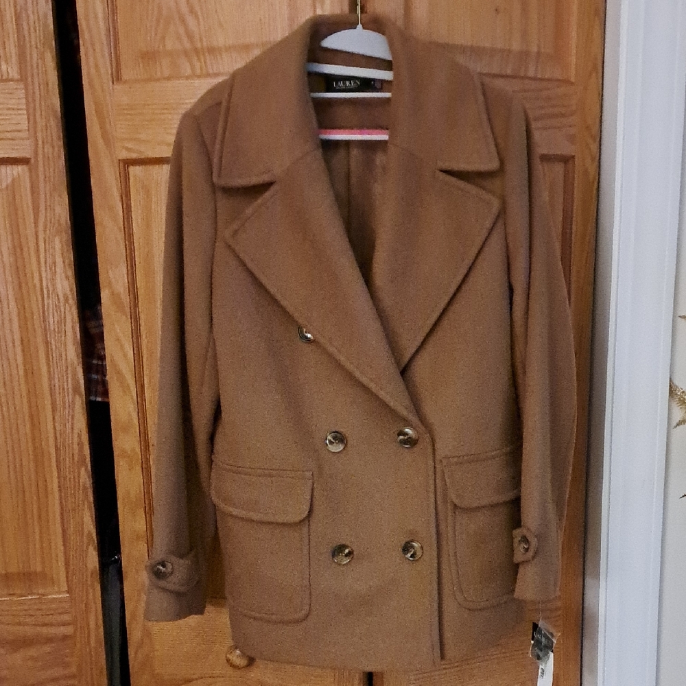 Ralph Lauren Pea Coat Size 14 Wool Blend Two Front Pockets Beige Camel Color